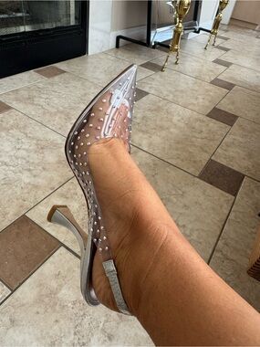 Stuart Weitzman Clear PVC Pointed Slingback Heels with Silver Studs